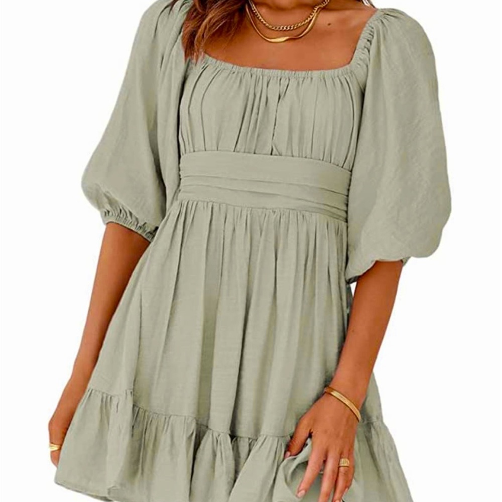 Dokotoo S Square Neck Tie Back Lantern Sleeve Ruffle A-Line Casual Mini Dress